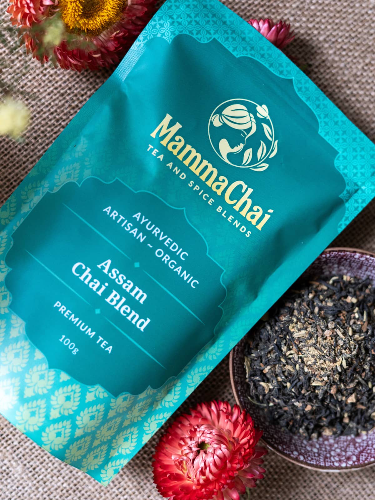 Mamma Chai Assam Chai Blend packaging with tea leaves