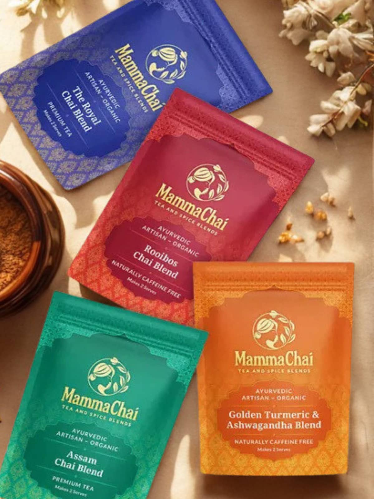 Four Mamma Chai tea packets in different favours