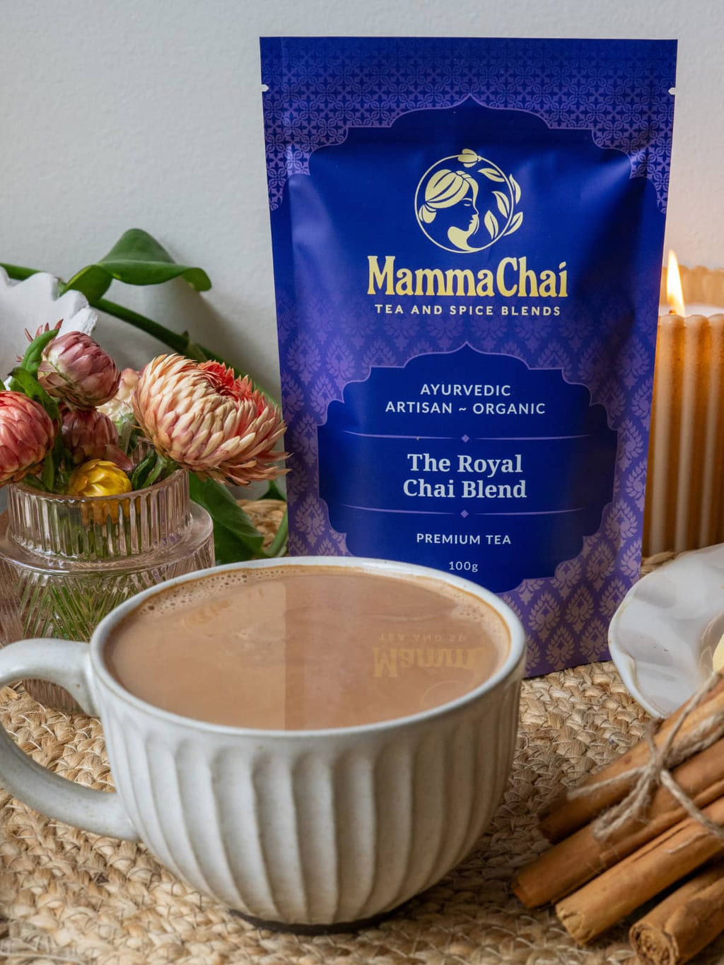 Mamma Chai tea package with a cup of tea and cinnamon stick.